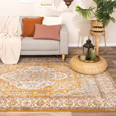 Produktbild von Volero - Vintage Teppich - Thirza Medaillon Ockergelb Bunt - 80x150 cm - Wohnzimmer, Esszimmer, Schlafzimmer - Boho, Klassik, Ländlich, Orientalisch, Retro