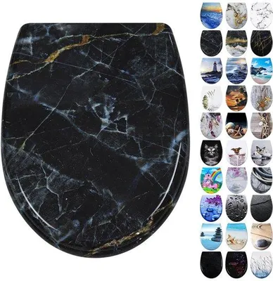 Productafbeelding van Ibenzoa® toiletzitting van Duroplast – O-vorm, 45 x 37 cm, zwart marmerdesign, soft-close sluiting en snelsluiting, 4 antislipkussentjes, geschikt voor standaard toiletten