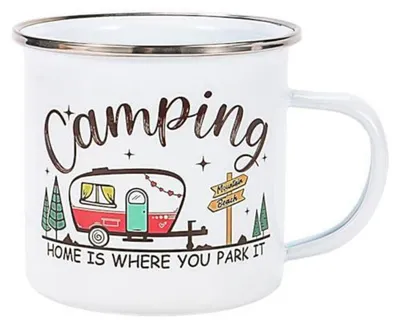 Produktbild von Emaille Tasse Weiß "Home Is Where You Park It" Camping Becher