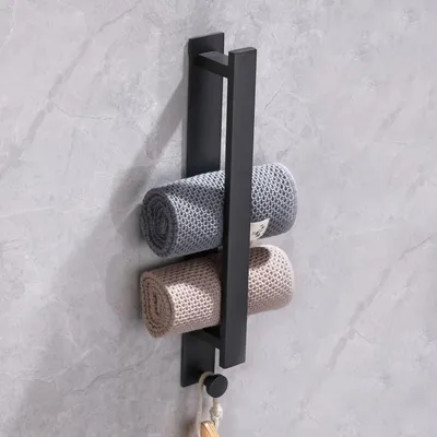 Image de Porte-serviettes sans perçage, porte-serviettes de toilette pour invités, porte-serviettes autocollants, barre porte-serviettes en acier inoxydable à fixation murale rapide (noir, 40 cm)
