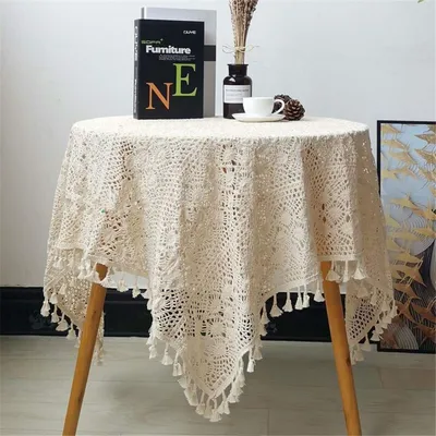 Immagine prodotto di Tovaglia all'uncinetto, motivo a quadretti, color beige, in cotone, 165 x 165 cm