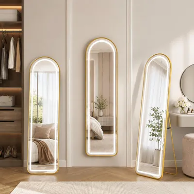 Produktbild von INONEFT Ganzkörperspiegel 150×40 cm mit LED, Standspiegel mit gewölbtem Top, Wandspiegel, Hängend oder Lehnend an die Wand, Hartglas, Gold, KI-generiertes Bild