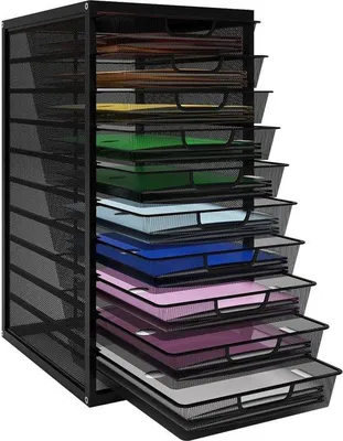 Zdjęcie produktu dla Metalowy organizer biurowy formatu A4 z 10 szufladami i przegródką na dokumenty, czarny