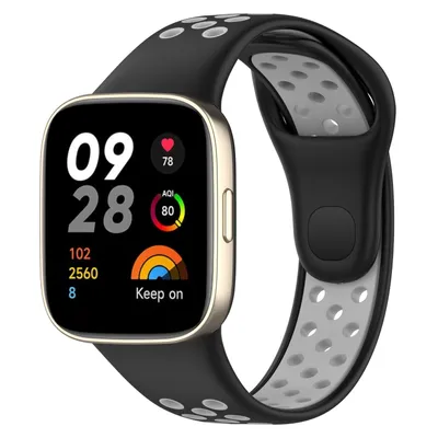 A smartwatch with a black and gray band is displayed against a white background.
