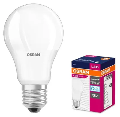 A product shot of an OSRAM LED light bulb next to its packaging.