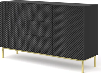 Produktbild von Kommode RAVENNA C 150 cm 2D3S rahmen SCHWARZ MATT / SCHWARZ GLANZ Diamantförmiger Fräser Sideboard MDF 2 Türen 3 Schubladen Highboard Schrank offene Regale Büfett mit gefräster fronten Diamant