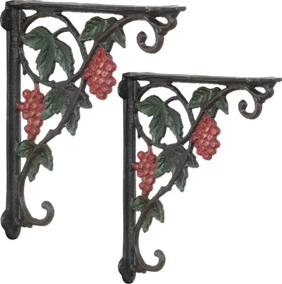 Image de Cornière d'étagère rustique en fonte en forme de grappe de raisin, lot de 2 - Support mural vintage pour étagères et décoration - Cornières murales antiques pour la cuisine, le salon ou le jardin