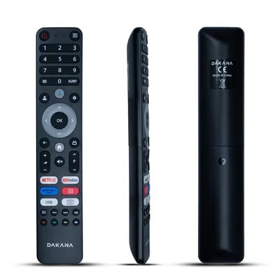 Three views of a black remote control against a white background.