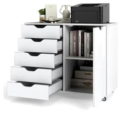 Produktbild von Rollcontainer mit 5 Schubladen und Schrank, Aktenschrank mit Rollen, Schubladenschrank aus Holz, Druckertisch für Zuhause und Büro, 78 x 40 x 65 cm (Weiß, 5 Schubladen und 1 Schrank)