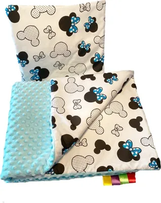 Produktbild von Babydecke mit Kissen Kuscheldecke Baumwolldecke Kinderdecke Spieldecke Krabbeldecke mit super weichem Minky Baumwolle Decke 75 x 100cm Kissen 30 x 35cm Miki Blau