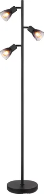 A black floor lamp with three adjustable spotlights on a white background.