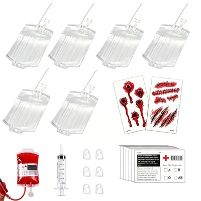 6 Halloween-Blutbeutel 350 ml mit Clips & Tattoos