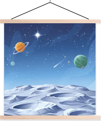Produktbild von MuchoWow® Textilposter Eine Illustration des Mondes zwischen den Planeten 120x120 cm mit holzfarbenen Rahmen - Textil-Poster
