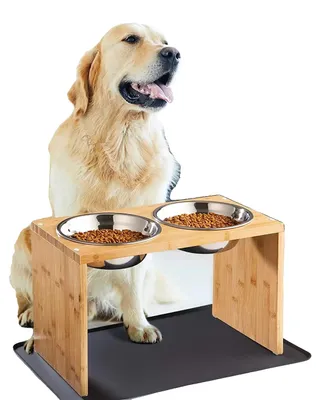 Image de Support pour gamelles pour chien, structure en bambou, gamelles en acier inoxydable, couleur bois naturel