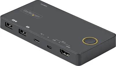 Image de StarTech.com Commutateur KVM hybride 2 ports HDMI + USB-A & USB-C - Moniteur HDMI 2.0 4K 60Hz - Commutateur KVM HDMI compact pour ordinateur de bureau et/ou portable - Alimenté par bus USB - Compatible Thunderbolt 3 (SV221HUC4K)