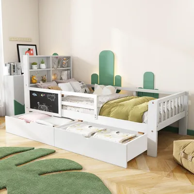 Produktbild von Multifunktions,Kinderbett mit Tafel und Schubladen 90x200 cm Weiß , Kiefernholz massiv , Lattenrost inklusive , 150 kg belastbar