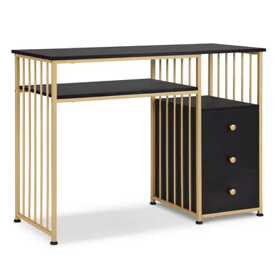A black and gold desk with drawers and a shelf, shown against a white background.