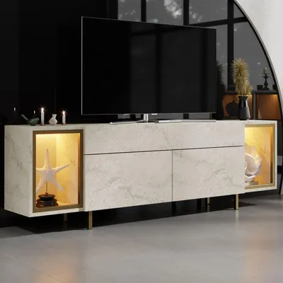 Obrázok produktu pre Skye Decor, kvalitný TV stolík, travertín a zlatá farba, 180 x 55 x 32 cm | 100 % melamínom potiahnutá drevotriesková doska, hrúbka 18 mm | S osvetlením, diaľkovým ovládaním a možnosťou montáže na stenu, moderný a elegantný.
