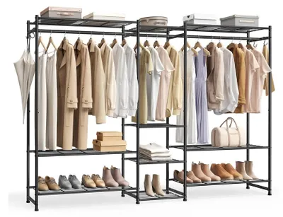 Productafbeelding van Open kledingkast met 10 opbergvakken en 3 kledingroedes | Zwart | 206,4 x 30 x 157,1 cm