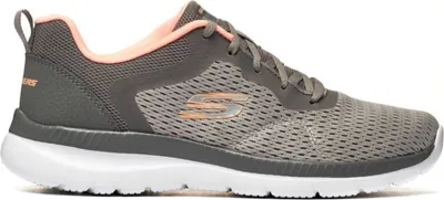 A side view of a gray Skechers sneaker with pink accents.