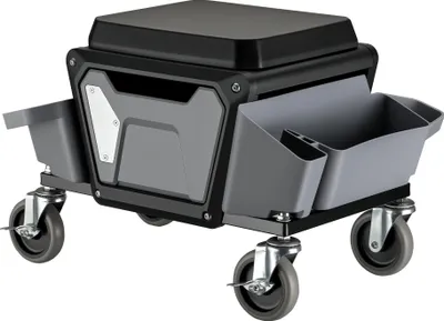 Image de Wiltec Tabouret de mécanicien 53 x 38 x 38 cm Noir Bleu Servante d’atelier Mobile sur roulette Plateau Outils inclus Rangement Garage Jardinage Ergonomie Chariot de visite
