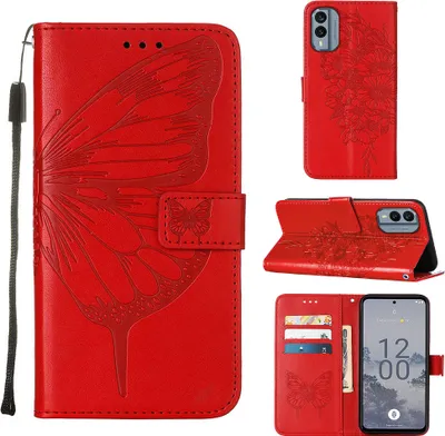Produktbild von Lederhülle für Nokia X30 Schmetterling Prägung Flip Ledertasche Kartenfächer Handyhülle mit Ständer Rot