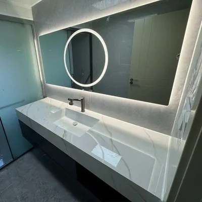 Produktbild von Sinterstein Waschbecken mit Schublade und Ablage – Moderne Waschtischkombination mit LED-Spiegel für das Badezimmer 120*55cm【YT2032-120 K】