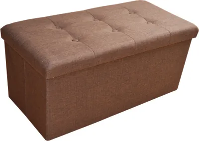 A brown fabric storage ottoman is shown against a white background.