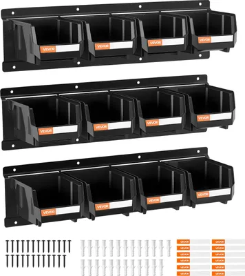 Obrázok produktu pre Nástenné stohovacie boxy VEVOR, 137x105x75 mm (balenie 12 kusov) a 3 kovové koľajničky, otvorené úložné boxy na skrutky, matice, skrutky, klince, organizér na náradie do dielne, remeselnej miestnosti, garáže, čierna farba