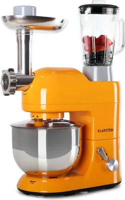 Produktbild von Klarstein Küchenmaschine, 3-in-1 Rührmaschine, Standmixer, Fleischwolf, 2000W, 6 Geschwindigkeitsstufen, 5L Fassungsvermögen, Planetenrührwerk, Edelstahl, Glas, Aluminium-Druckguss, Kunststoff, 23x64x48 cm (BxHxT), BPA-frei (Fleischwolf, Spritzschutz)