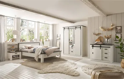 Produktbild von Schlafzimmer Set 5-teilig Bett 140x200cm in Pinie weiß mit anthrazit
