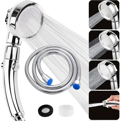 Produktbild von Duschkopf mit Schlauch 2m, Wassersparend, Hochdruck, 3 Strahlarten, Wasserstop, Chrom