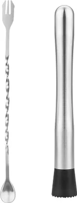 Productafbeelding van Ibenzoa® Roestvrijstalen cocktailstamper en barlepel set, 2-delig – Stamper: 25×3,2 cm, barlepel: 26 cm, roestvrij staal, geschikt voor Mojito en Caipiroska