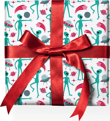 Produktbild von Kultiges Alien Geschenkpapier mit Ufos & Sternen, Weltall türkis - G23009, 32 x 48cm