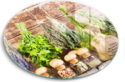 Produktbild von Glasschneideplatte - Herdabdeckplatte - fi30 cm -Schneidebrett - Spritzschutz - Kräutergewürze und Holz
