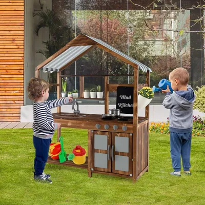Image de Cuisine pour enfants en bois massif avec auvent & tableau à craies & évier amovible