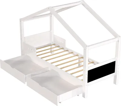 Produktbild von Kinderbett mit Doppelschublade,Absturzsicherung Kinderbett Stabiler Lattenrost, Kiefer Umweltzertifikat Hausbett 90 x 200 cm,ohne Matratze
