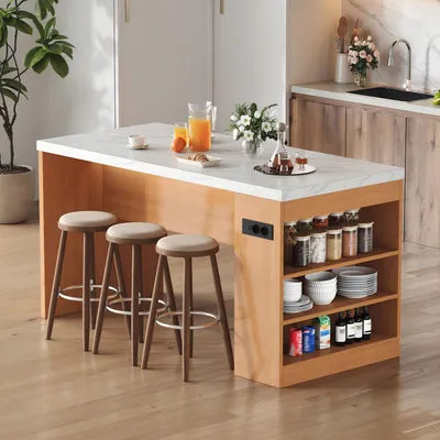 Produktbild von Flieks Kücheninsel mit LED Beleuchtung & Steckdose, Servierwagen mit 40mm Arbeitsplatte, 3 offenen Ablagen, Speisewagen 155x80x90cm, Weiß+Natur