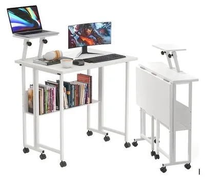 Immagine prodotto di Scrivania pieghevole con rotelle e supporto monitor regolabile - bianca, design compatto