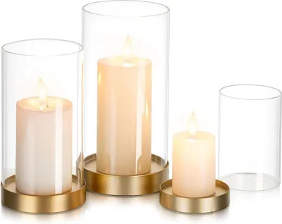 Immagine prodotto di Glasseam Set di lanterne (3 pezzi) Grande portacandele dorato con cilindro in vetro per decorazione soggiorno, esterno, Natale, matrimonio, candele a
