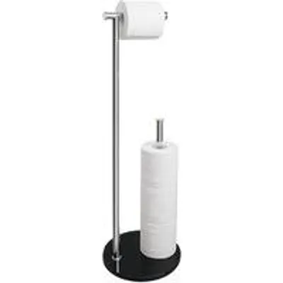 Image de Porte-papier toilette sur pied avec socle en verre noir et support de rechange en acier inoxydable