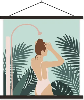 Produktbild von MuchoWow® Textilposter Sommer - Frau - Laub 120x120 cm mit schwarzem Rahmen - Aufhängungsset