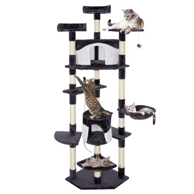 A multi-level cat tree with several cats on it, set against a white background.