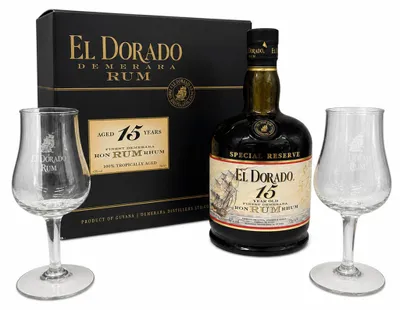 Produktbild von El Dorado Demerara 15 Jahre Rum 43% Vol. 0,7 l + 2 Gläser