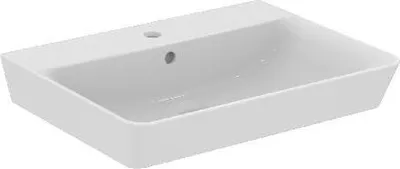 A white ceramic sink with a faucet hole and a drain hole.