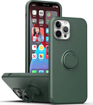 Produktbild von iPhone 14 Handyhülle, Ring Halter Ständer Kratzfeste Weiche Silikon schutzhülle für iPhone 14 Grün