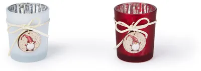 6 Teelichthalter aus Glas und Holz, 5,5 x 6,5 cm, rot-silber