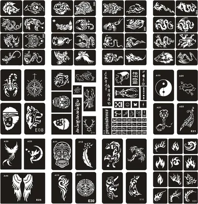 Produktbild von Tattoo Schablonen Set, 12 Stück, wiederverwendbar, für Kinder und Erwachsene
