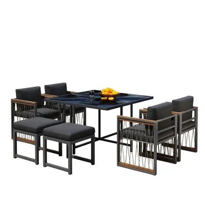 Produktbild von Garten-Essgruppe mit Esstisch, 2 Hocker und 4 Stühlen, (7-tlg), Gartenlounge-Set, Gartenmöbelset, Sitzgruppe
