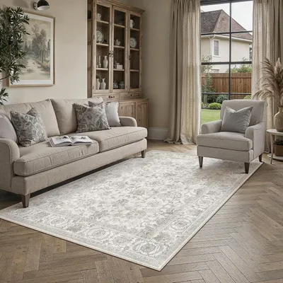 Zdjęcie produktu dla Dywan vintage 120x170 cm, szary, krótkie włosie, antypoślizgowy, prać w pralce, do salonu